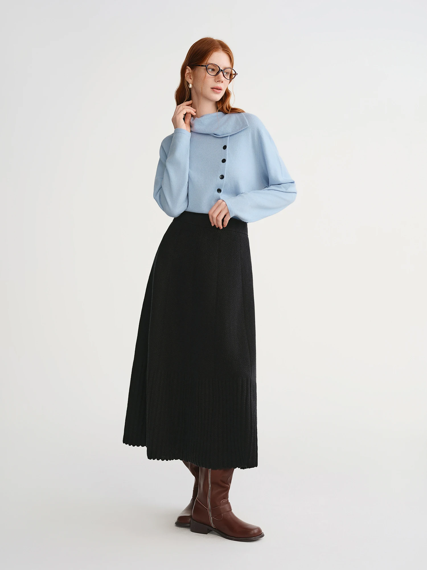 DUSHU Gonna da donna in organo taglie forti: elegante gonna ombrello a pieghe a vita alta nera per l'inverno 2025, nuove gonne di arrivo 3