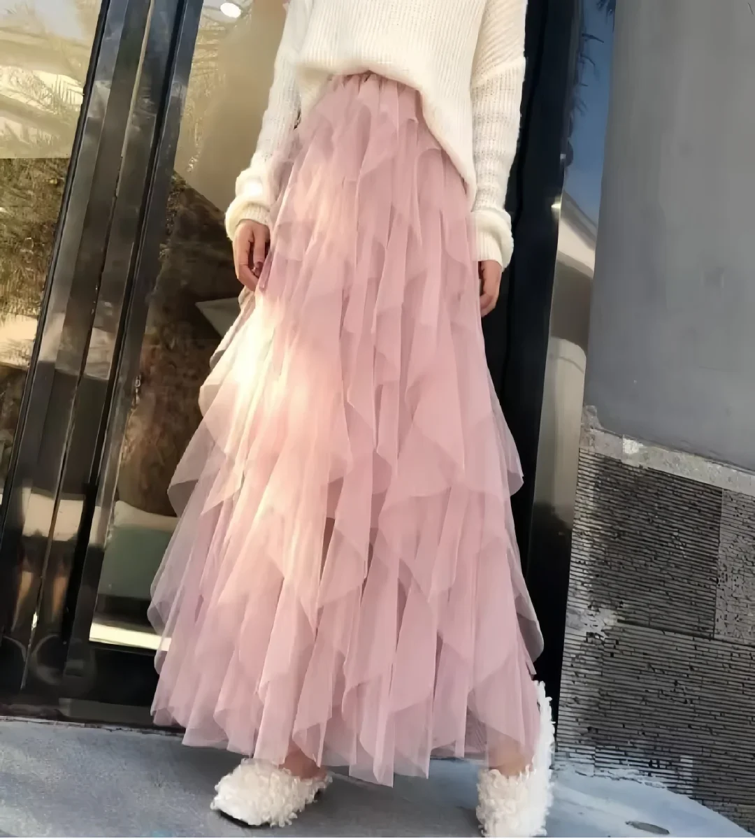 Tutù Tulle Gonna lunga lunga Donna Moda coreana Carino Rosa Gonna a pieghe a vita alta Maglia femminile Lady Estetica Faldas 2