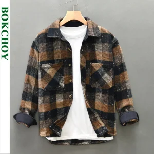 Autunno Inverno Nuovo Allentato Vintage Plaid Morbido Spazzolato Camicie per Gli Uomini Abbigliamento Casual Manica Lunga Grandi Tasche Camicie Da Uomo AZ261 1