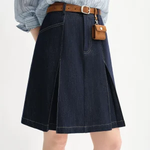 DUSHU Gonna di jeans a trapezio a vita alta da donna 2025 Autunno Nuovo stile di arrivo Gonna di jeans retrò di colore a contrasto senza cintura 25DS83098 1