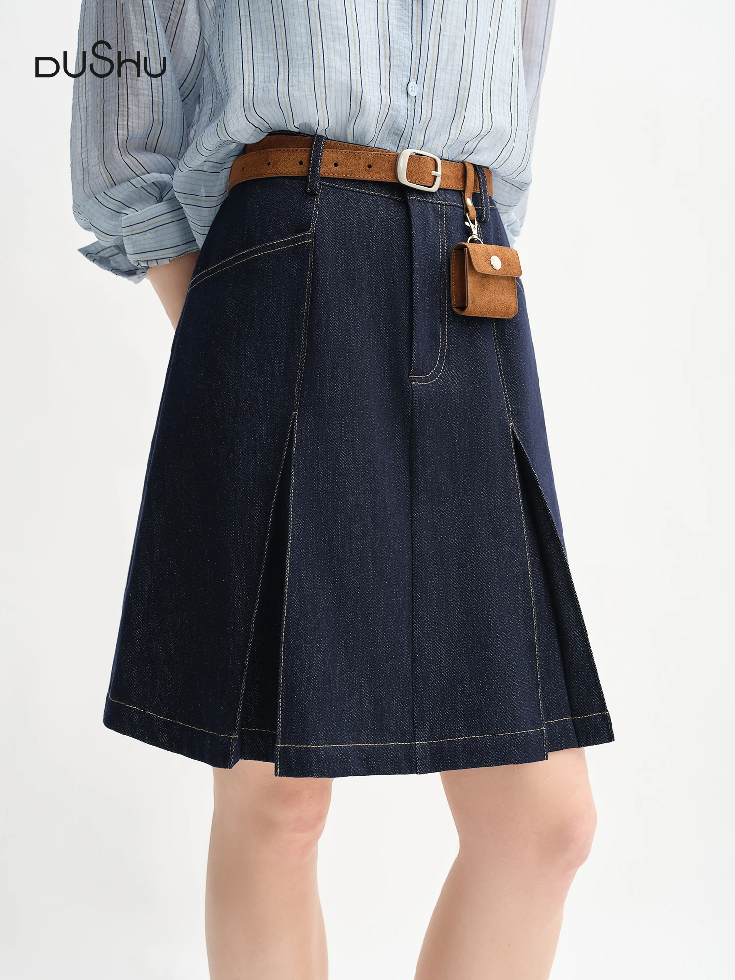 DUSHU Gonna di jeans a trapezio a vita alta da donna 2025 Autunno Nuovo stile di arrivo Gonna di jeans retrò di colore a contrasto senza cintura 25DS83098 1