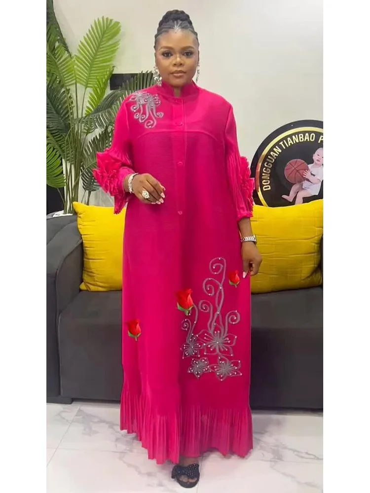 ANLAN Stampa di moda Abito lungo a pieghe Donna Risvolto Maniche floreali Design Monopetto Abiti a trapezio 2025 Estate Nuovo 5AN6018 4