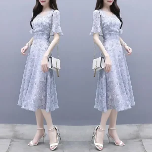 Abito floreale in seta di ghiaccio Abito estivo da donna con vita snellente A-Line Abito longuette Manica corta Girocollo Fibra di poliestere Al ginocchio 1