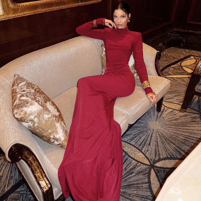 Abito maxi increspato alla moda elegante crittografico Abiti da club aderenti per abiti da festa sexy a maniche lunghe da donna 5