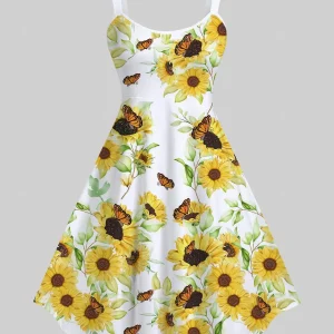 Rosegal plus size hawaiano girasole foglia farfalla stampa svasata abito canotta abito casual estivo da donna 1