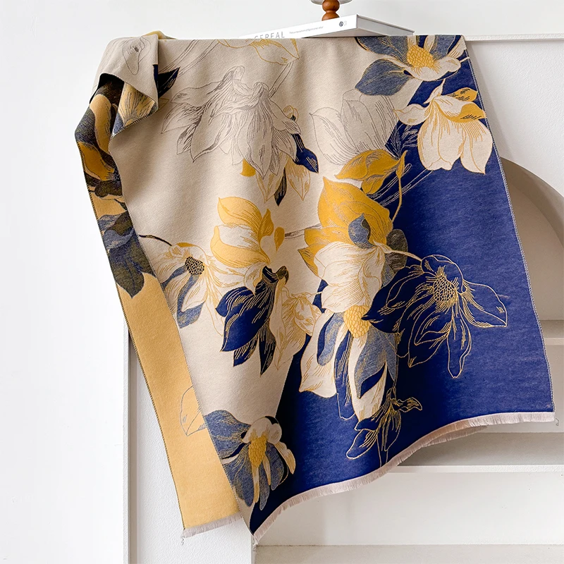 Nuovo 2024 di Marca di Lusso Elegante Lotus Design Delle Donne di Inverno Sciarpa di Cachemire di Spessore Caldo Scialle Avvolge Pashmina Morbido Della Signora Fazzoletto Da Collo 3