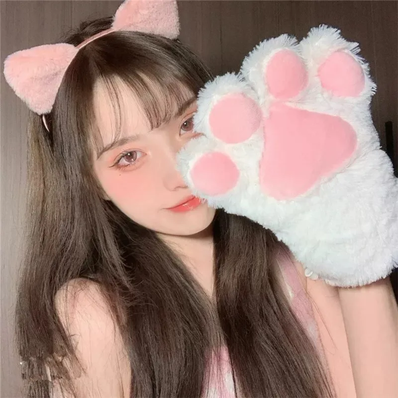 Guanti da donna addensati caldi e carini con artiglio di gatto Guanti da costume cosplay per cartoni animati per ragazze Guanti da zampa di gatto in peluche peloso bianco nero 5