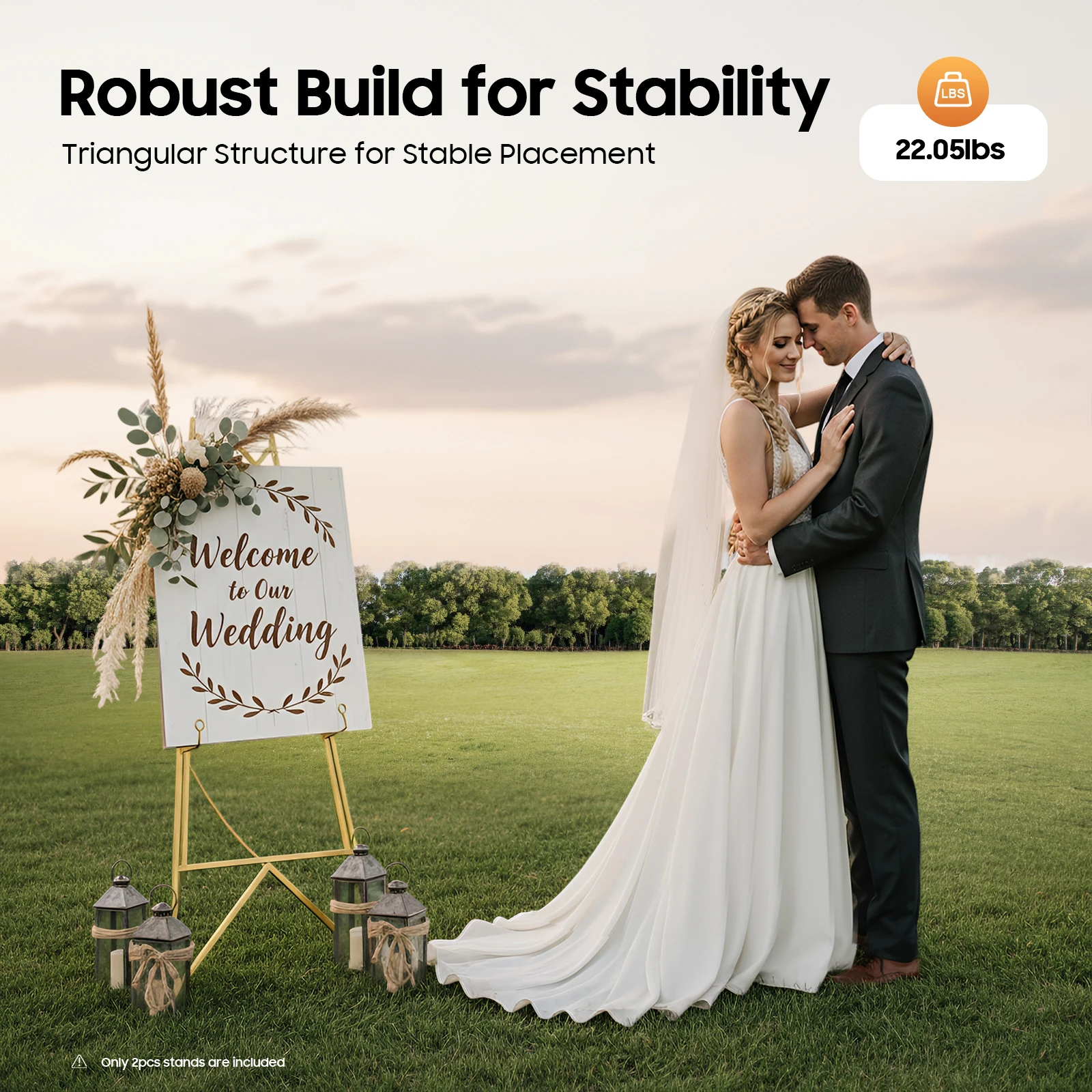 Confezione da 2 cavalletti portatili in oro per cartelli e poster di nozze, cavalletto artistico portatile regolabile da 113 cm per visualizzare cartelli di nozze 2