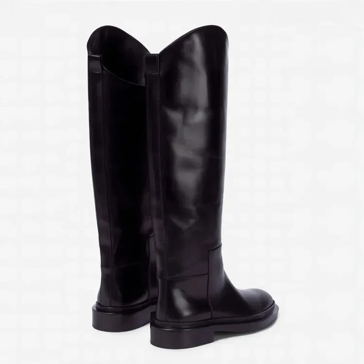 Stivali in pelle piatti al ginocchio con punta tonda alla moda autunno e inverno europei e americani, stivali da cavaliere da donna taglia 34-46 5