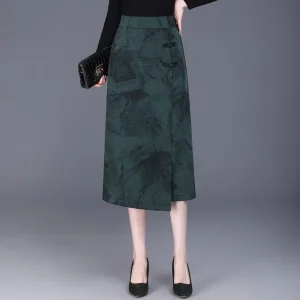 Gonna longuette asimmetrica abbottonata retrò alla moda Gonna aderente a trapezio Stampa patchwork Miscela di poliestere Elegante stile da pendolare 1