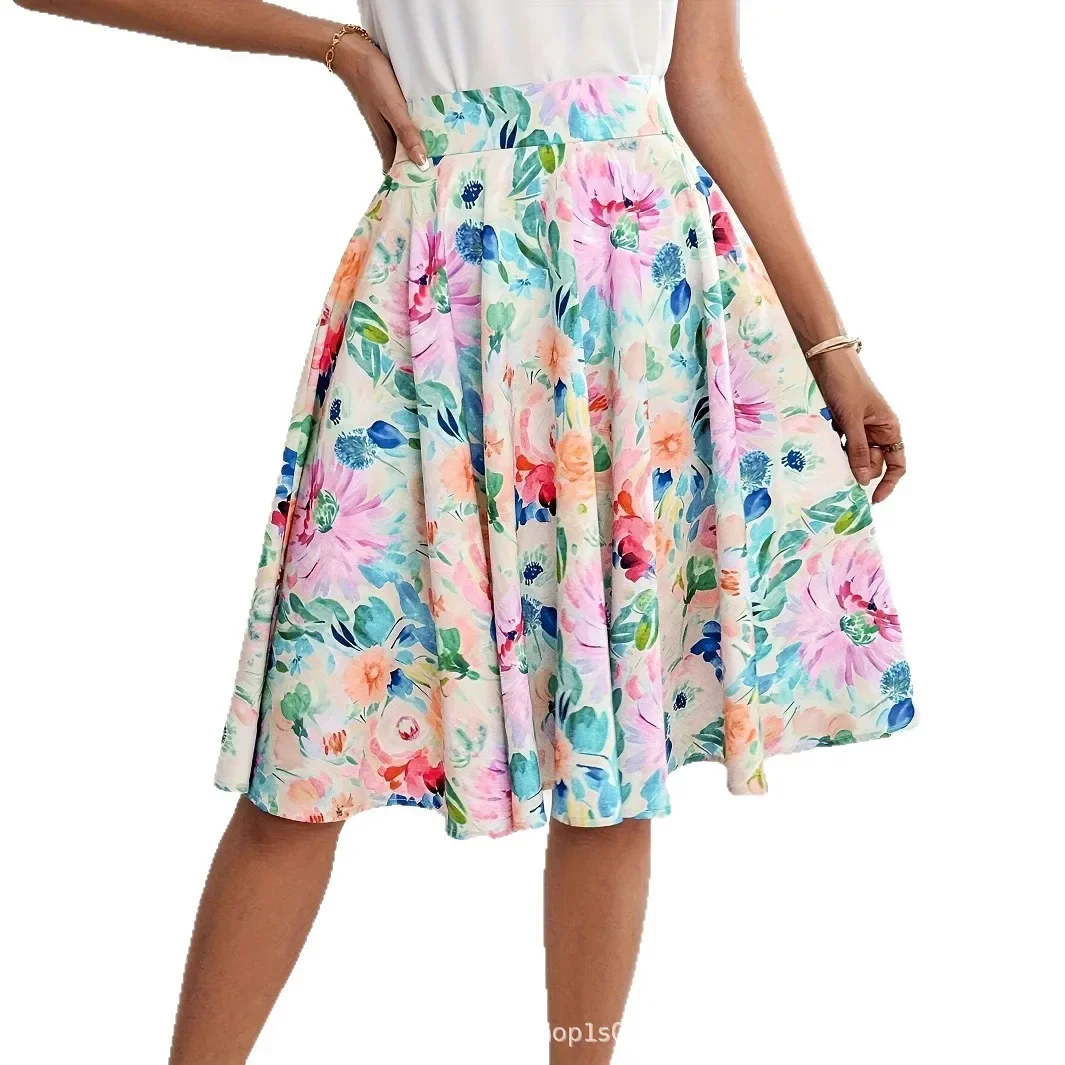 Elegante gonna a trapezio con stampa floreale per donna Estate 2025 Gonna longuette versatile Adesivi decorativi non personalizzati in fibra di poliestere 5