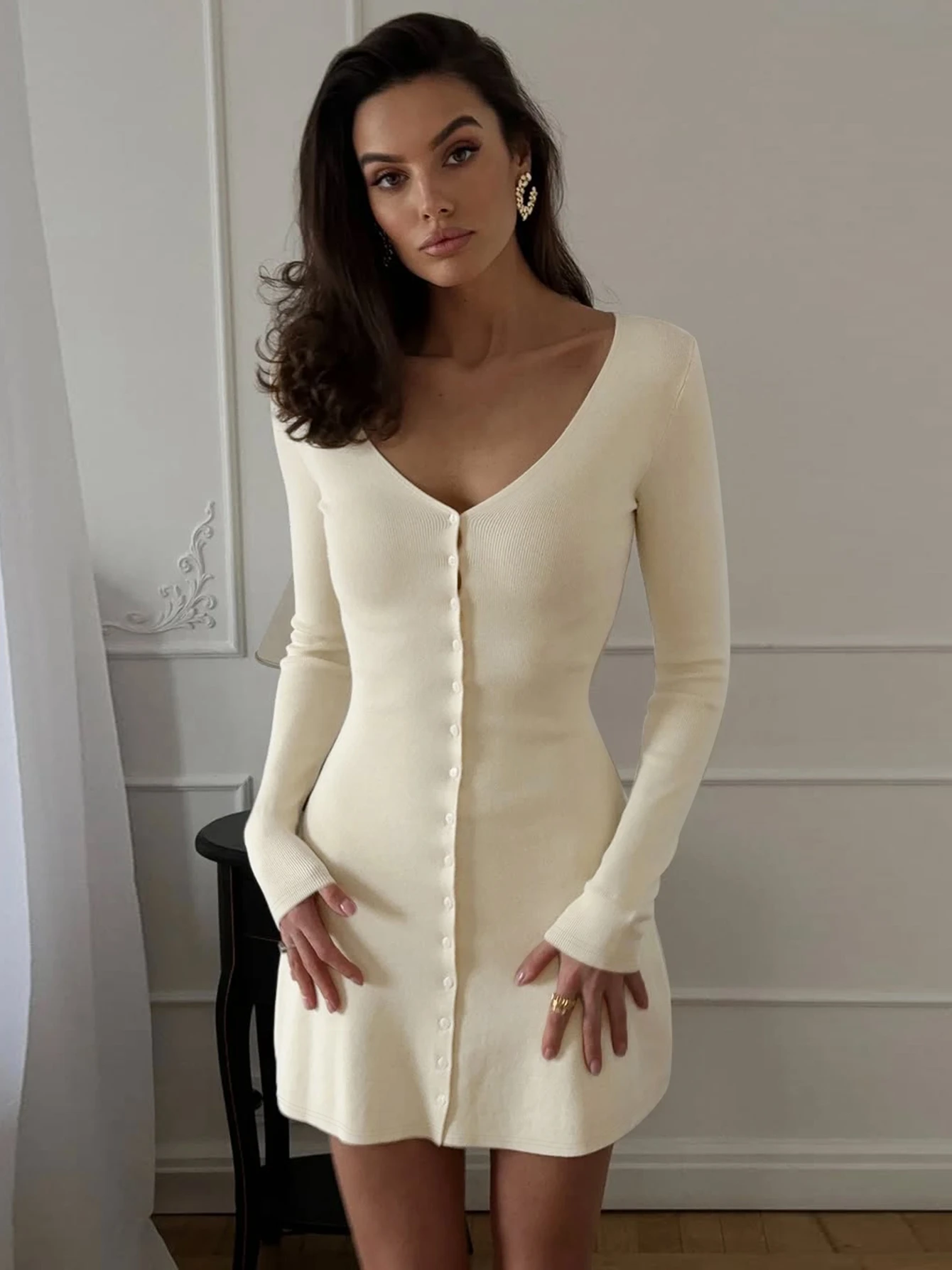 Dulzura 2025 Autunno Moda Sexy Con Scollo A V Manica Lunga Monopetto Sottile Mini Abito Solido Casual Vestito Delle Donne Del Partito Club Vestiti 2