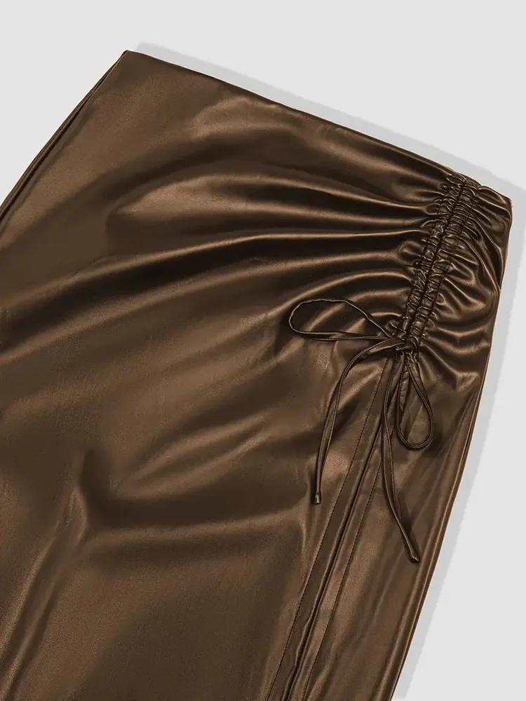 Fairyshely Gonna lunga divisa in pelle PU sexy Donna 2025 Gonna longuette estiva a vita alta Lady Elegante gonne a tubino con coulisse con cerniera 5