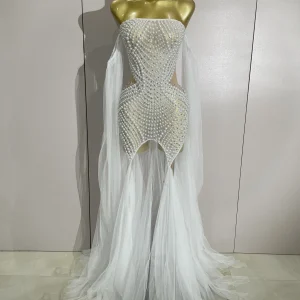 Elegante strass scintillanti perla bianca sexy senza spalline in rete abito lungo abiti da ospite di nozze abito da sera di compleanno di lusso 1