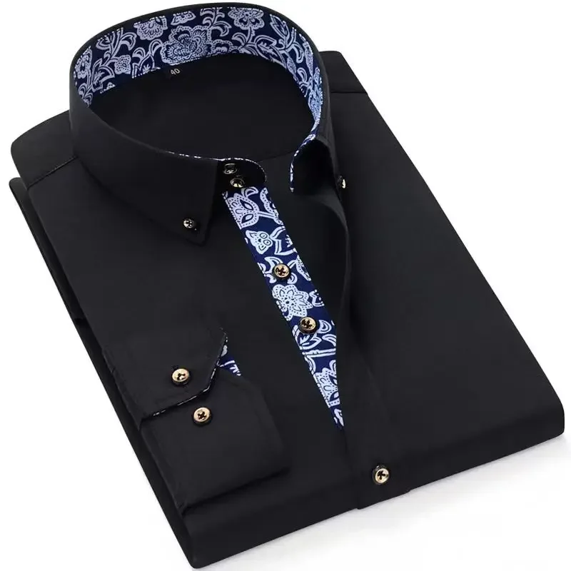 Camicia da uomo in cotone Camicie eleganti con colletto da lavoro formale Manica lunga Primavera Autunno Abbigliamento casual Slim Fit Social Nero Blu Bianco 5