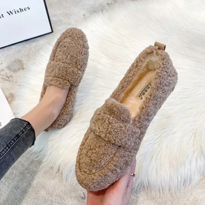 34-43 Mocassini in lana d'agnello di grandi dimensioni femme ricci pelliccia di pecora appartamenti donna mocassini caldi in peluche scarpe invernali in cotone da donna stivale da neve peloso 1