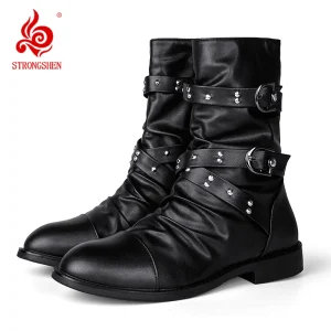 STRONGSHEN Stivali da moto moda uomo Stivali in pelle Calzature Scarpe casual alte Stivali tattici militari Stivali punk gotici 1
