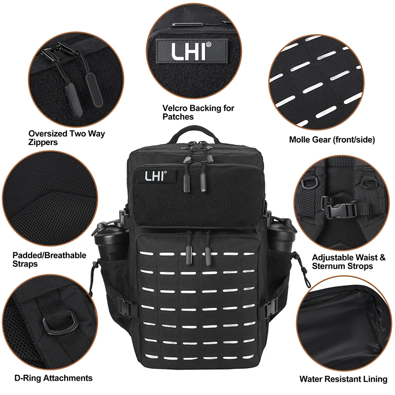 Zaino tattico LHI 45L da uomo Black Spotrs Atleta Borsa da palestra Zaino da campeggio per escursionismo Zaino da assalto militare con portabottiglie 4