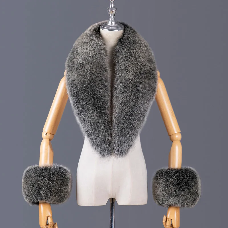 Vera pelliccia di volpe collo donna sciarpa e polsino in pelliccia naturale Set cappotto donna di lusso giacca scialle di pelliccia collo sciarpe calde scialle di pelliccia di moda 5