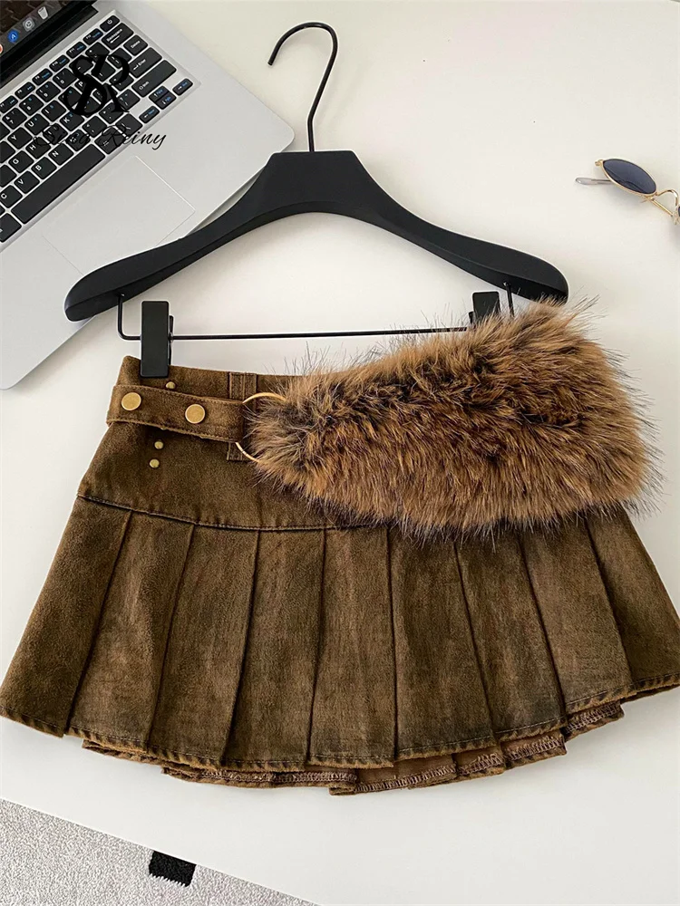 SINGREINY Hot Girl Denim Gonne corte Moda donna Borsa in peluche Bottoni in metallo Streetwear Y2K Minigonne a pieghe vintage 2