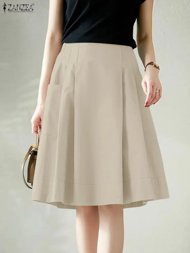 2025 Estate Elastico In Vita Jupes ZANZEA Donne Gonne Da Ufficio Solido A Pieghe Gonna Al Ginocchio Elegante A-line OL Lavoro Faldas Saia 1