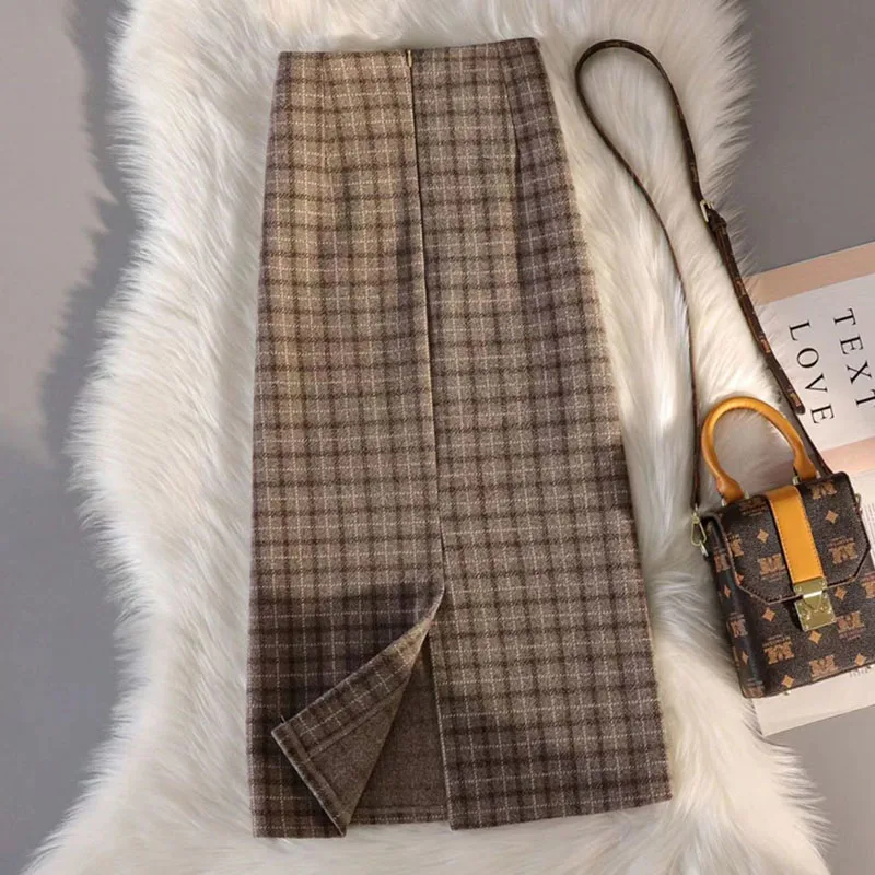 Gonna di lana ispessita autunno inverno per donna Gonne scozzesi vintage divise a vita alta Gonna lunga elegante con cerniera a trapezio femminile 3