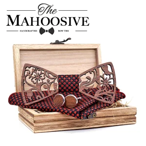 Mens 4 pezzi papillon in legno Set uomo fazzoletto papillon in legno gemelli cravatta cravatte di seta per la festa di nozze d'affari Hombre 1