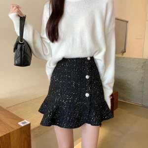 La vita a mezza altezza con paillettes ti fa sembrare foglie di tweed sottili e spesse in autunno e inverno Nuova gonna corta a coda di pesce a trapezio 1