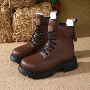 2025 Nuovi stivaletti invernali da donna - Stivaletti con tacco medio stringati in morbida pelle Stivali retrò con plateau stile britannico foderati in pelliccia sintetica 1