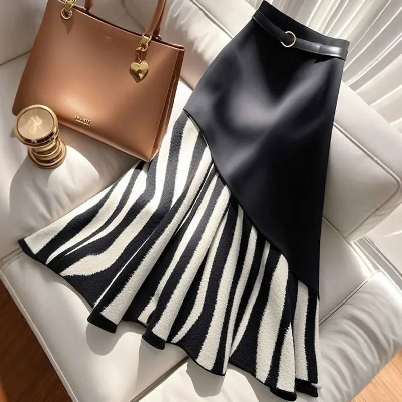 Gonna a sirena sottile con design irregolare con cintura avvolta sui fianchi Gonna mezza lunga patchwork a righe nuova marea primavera 2025 da donna 2