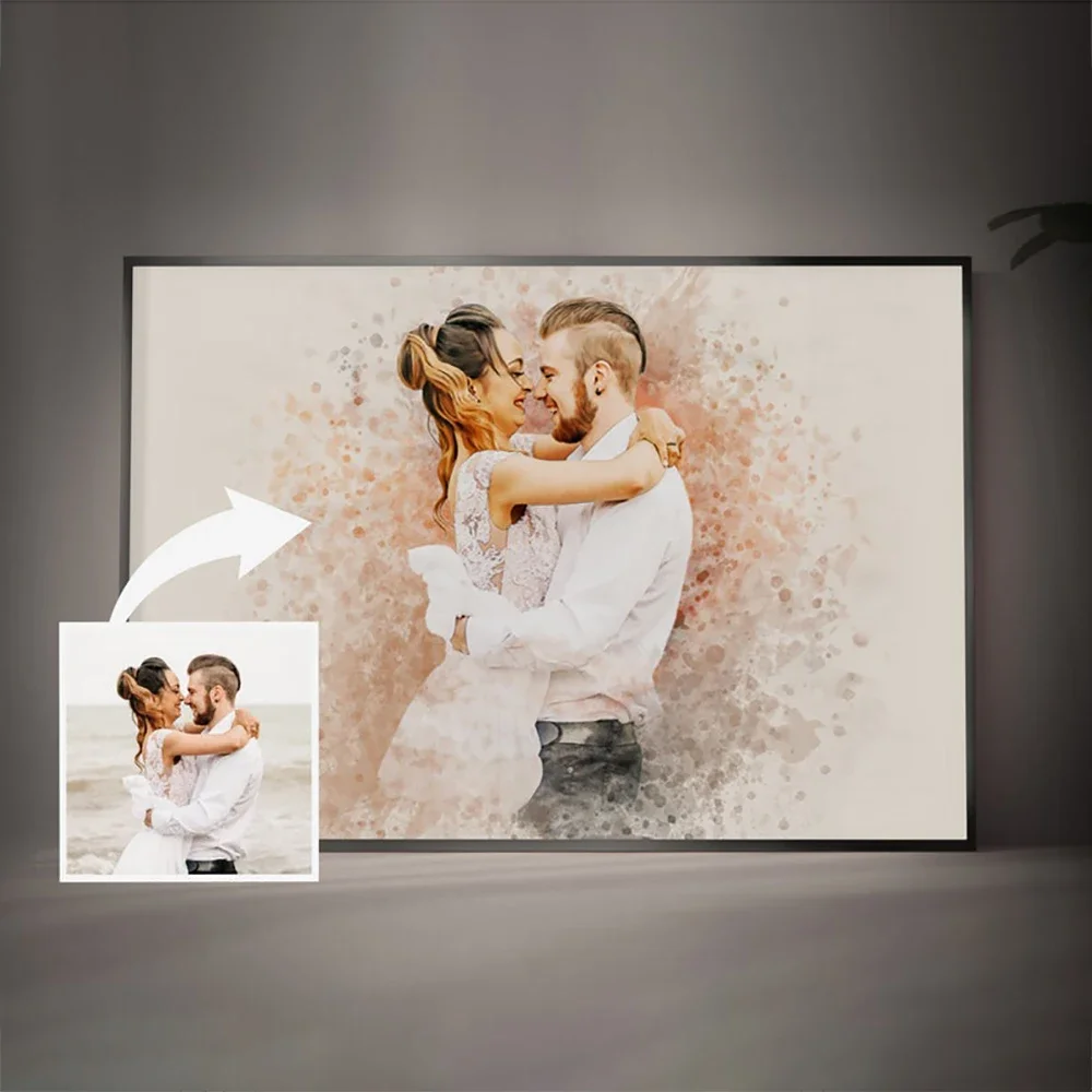 Pittura di matrimonio ad acquerello personalizzata da foto Ritratto personalizzato su tela Coppie Arte Regalo di anniversario romantico Stampa Poster 4