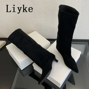 Liyke 2025 Nuovo Sexy Punta a punta Stivali alti al ginocchio Donna Autunno Inverno Tacchi bassi sottili Pompe Accoglienti signore Partito Scarpe lunghe Taglia 35-40 1