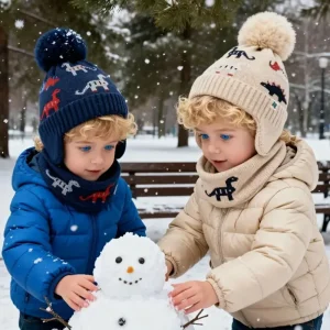 Set cappello e sciarpa da dinosauro per bambini invernali da 2 pezzi, 2 pezzi di cappello e sciarpa addensati carini con fodera in pile caldo cartone animato 2 pezzi per esterno 1