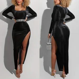 Maxi abito da donna Sexy aderente in velluto a maniche lunghe con spacco eleganti abiti autunnali per la festa del Club degli ospiti di nozze 1