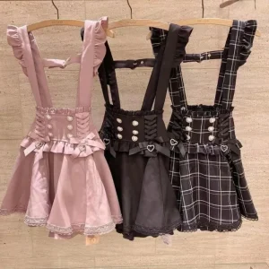 Gonna scozzese con reggicalze corta con nastro Lolita gotico giapponese Ragazze Sweet Cute Lace A-Line Minigonne summer2025 nero solido kawaii 1
