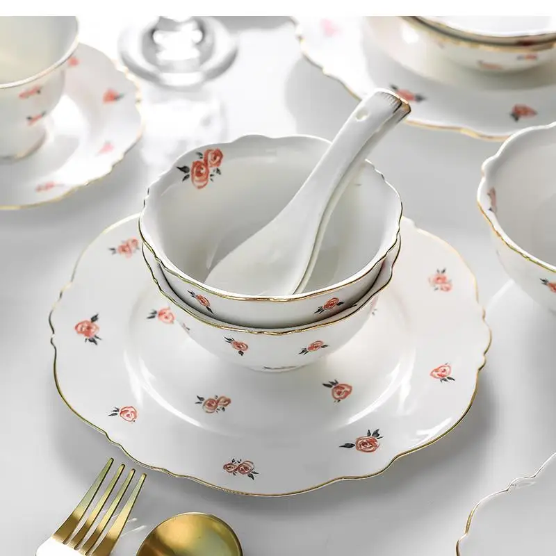 Set ciotola e piatto in ceramica New Bone China Phnom Penh Rose Stoviglie Dessert Piatto Bistecca occidentale Colazione 2