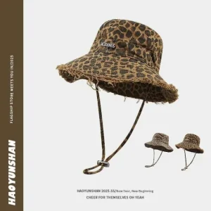 Cappelli da pescatore da donna da uomo con bordo lavato con stampa leopardata retrò da uomo Cappelli da bacino da viaggio all'aperto con corda appesa stagionale Cappelli da sole 1