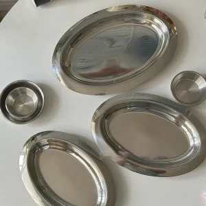 Piatto ovale vintage in acciaio inossidabile per colazione, disco per insalata, piatto rotondo per immersione, vassoio per la conservazione della torta del tè pomeridiano 1