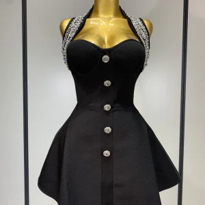 Abito da festa di lusso da donna alla moda Abiti da fasciatura con strass scintillanti senza maniche con scollo all'americana 2025 Abiti da sera eleganti da club 1