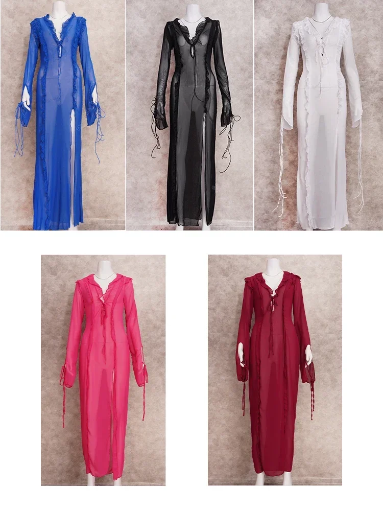 Abiti lunghi attillati con coulisse in prospettiva con scollo a V sexy per le donne 2025 Primavera Estate Elegante spacco laterale Party Vestido A1942 5