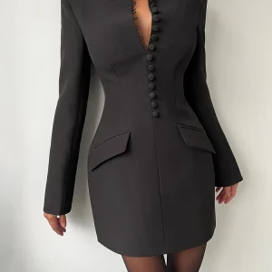 Sisterlinda ESingle Breasted Dress Donna Autunno legant Office Trend Colletto alla coreana Semplice Solid Street Commute Abito attillato Aderente 1