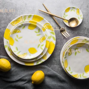 1 pz piatto da cucina occidentale in ceramica piatto piatto rotondo per uso domestico piatto di verdure stoviglie creative al limone colore sottosmalto 1