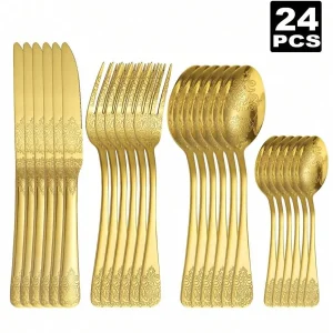 Set di posate in acciaio inossidabile con motivo floreale 4/16/24 pezzi, adatto per cucina, sala da pranzo, hotel, matrimoni, regali di festa 1