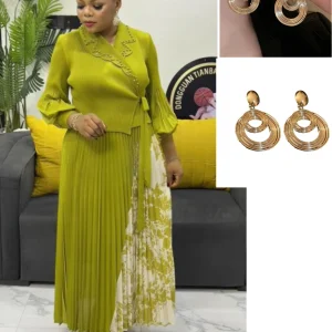 2025 Primavera Nuovo abito a pieghe a trapezio elegante colletto del vestito stile medio-lungo vita che abbraccia gonna pieghevole da donna dimagrante 1