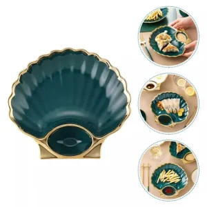 Piatto piano da 8 pollici con conchiglia verde scuro Piatti piani in ceramica sottosmaltata Vassoio da dessert Stoviglie con bordo dorato Cassaforte per microonde 1
