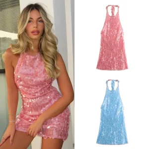 Mini abiti con paillettes rosa per donna Abito sexy con scollo all'americana senza schienale Abiti da sera di lusso da donna Abito in rete semitrasparente 1