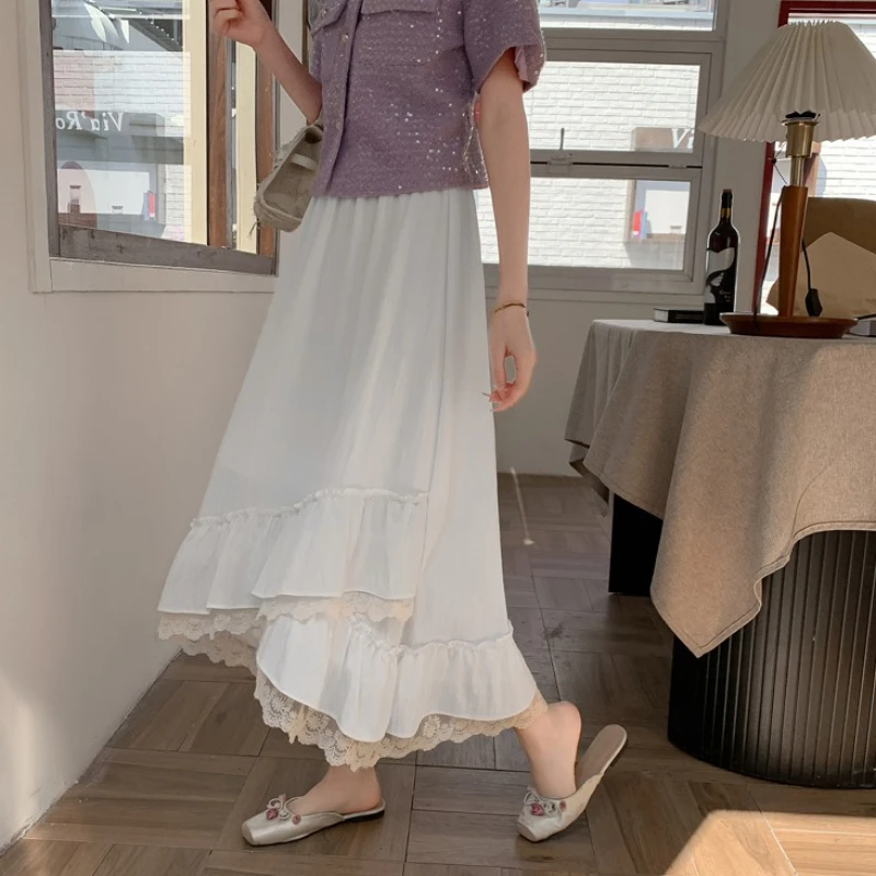 Seoulish Gonne di pizzo con volant irregolari per le donne 2025 Nuova primavera estate a vita alta Solido elegante Gonne da donna di media lunghezza 6