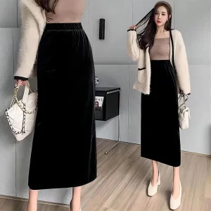 Gonne a vita alta in velluto nero per donna 2025 Gonne dritte con spacco posteriore di nuova moda Gonna lunga addensata autunno inverno femminile 1