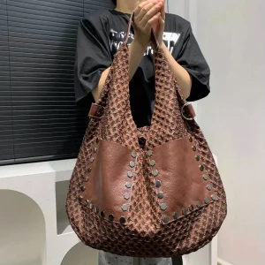 Borsa tote sportiva casual alla moda da donna con cuciture in vera pelle, borsa a tracolla per pendolari di grande capacità 1