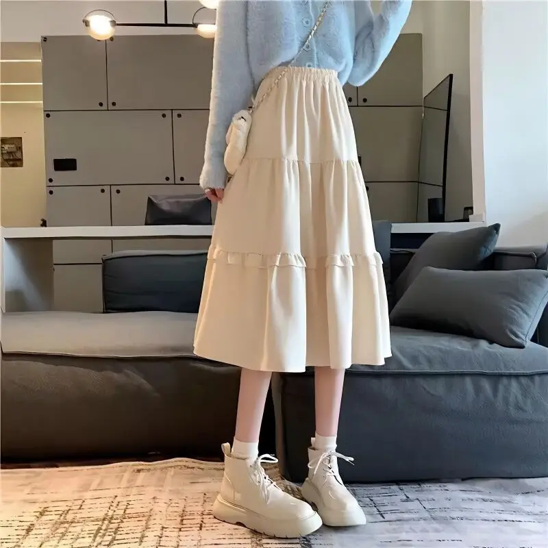 Autunno Inverno Nuova moda Elastico in vita Solido Abbigliamento donna Coreano Semplicità Tendenza Shirring Tendenza Dolce stile occidentale Gonne 1